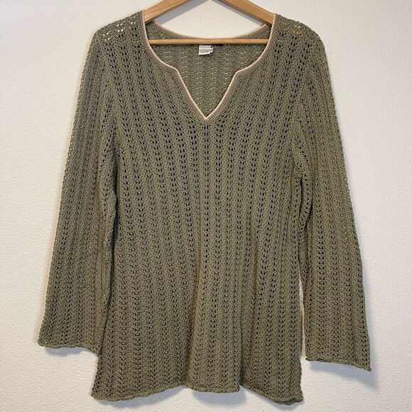 Peruvian Connection Green V-Neck Open Knit Tunic Sweater 100% Pima Cotton Size X - Picture 1 of 8
